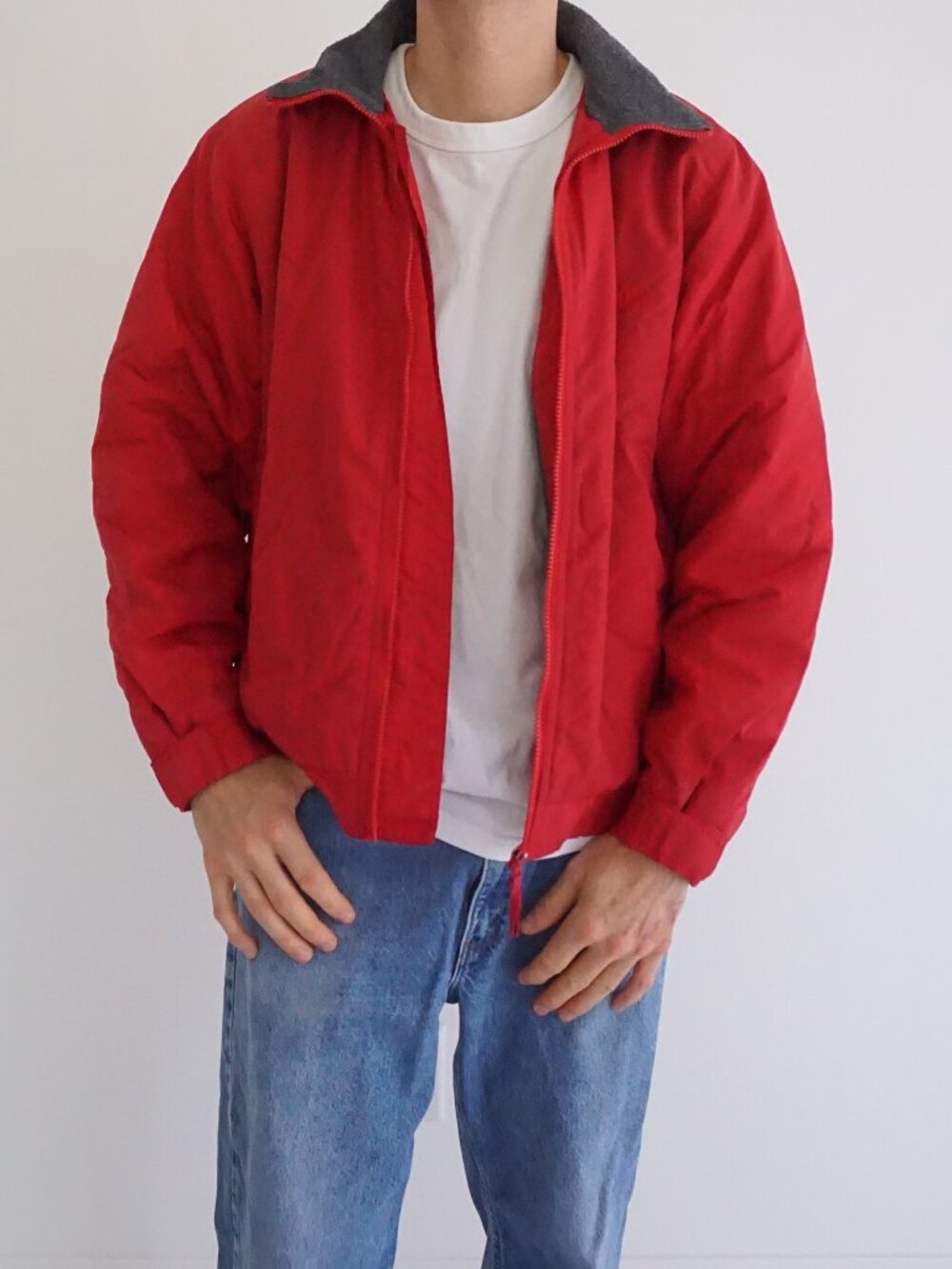 Vintage Brooks Red Gray Embroidered Logo Fleece Collar Running Full Zip Jacket L